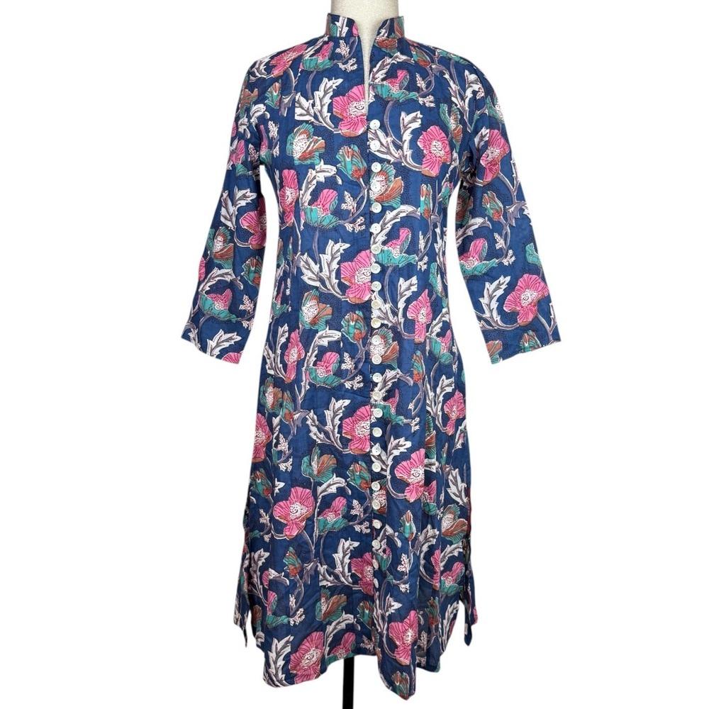 Kemble Tunic Dress Womens XS Blue Floral Button Boho Global Resort Palm Beach